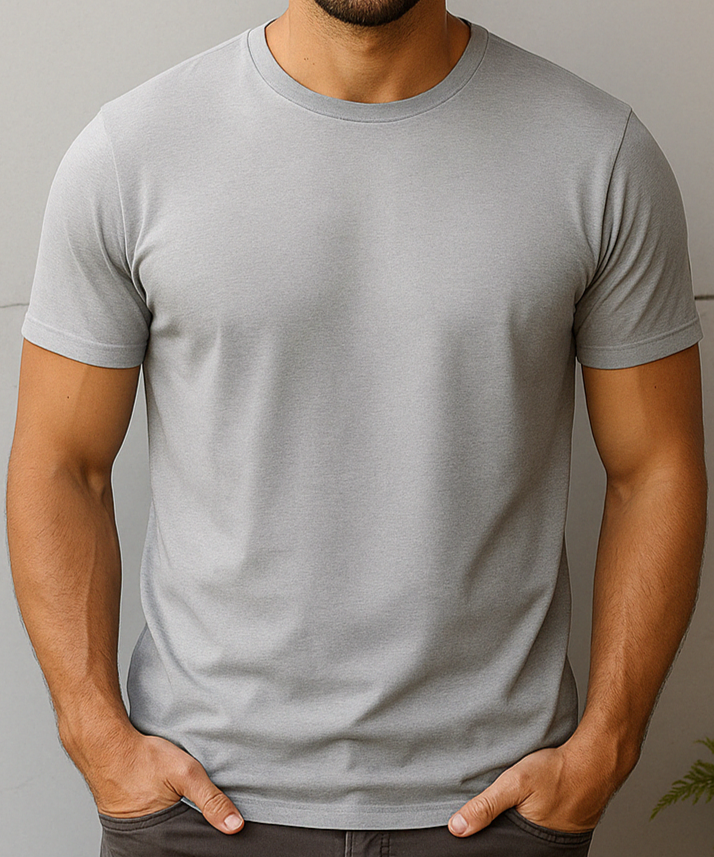 T-Shirt – Grau mit deinem Logo – Front & Rücken Druck
