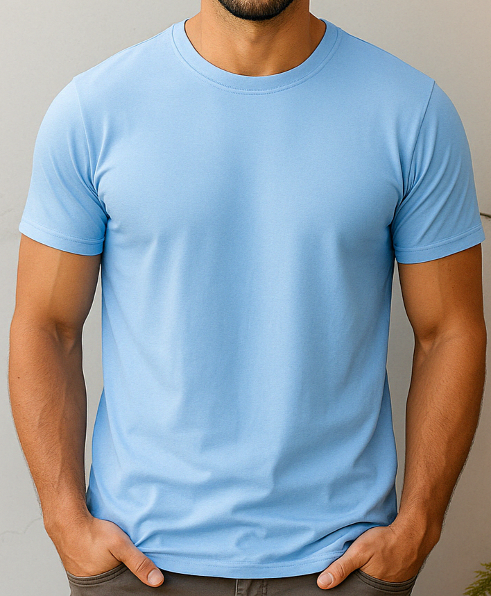 T-Shirt – Hellblau mit deinem Logo – Front & Rücken Druck