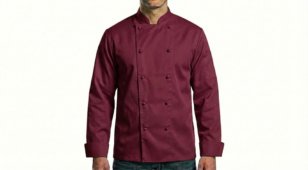 HD Style: Professionelle Kochjacke – Weinrot mit deinem Logo – Front & Rücken Druck