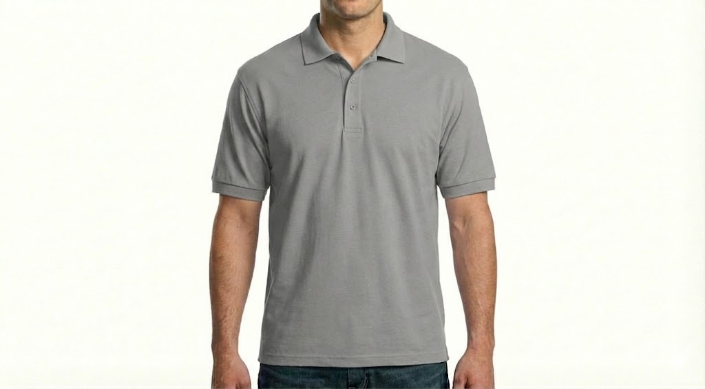 HD Style: Poloshirt – Grau mit deinem Logo – Front & Rücken Druck