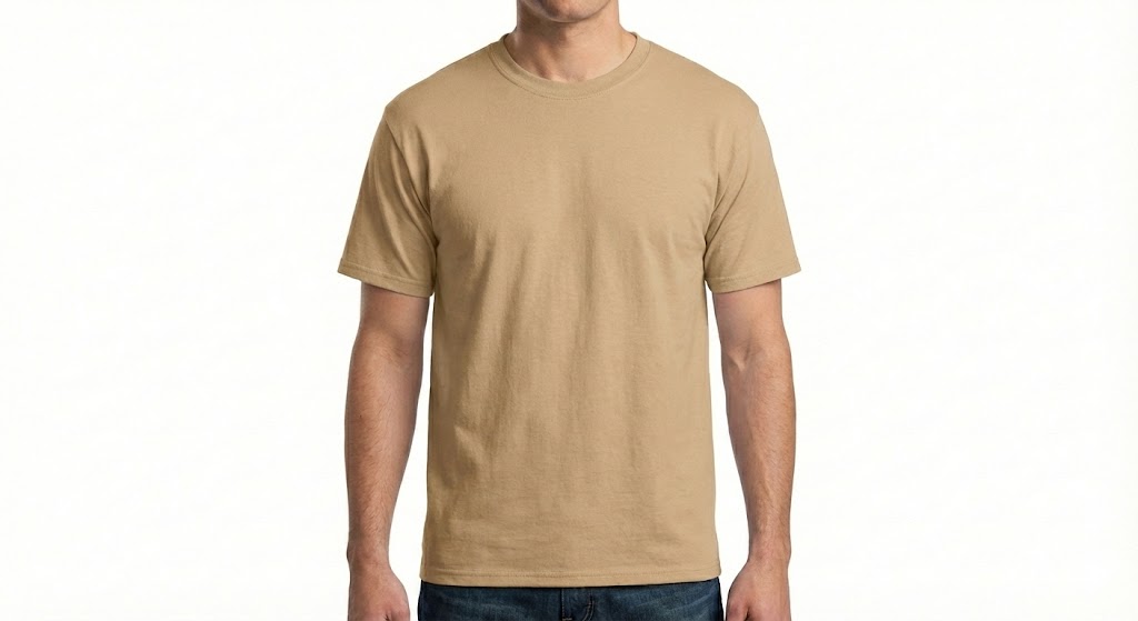 HD Style: T-Shirt – Hellbraun mit deinem Logo – Front & Rücken Druck