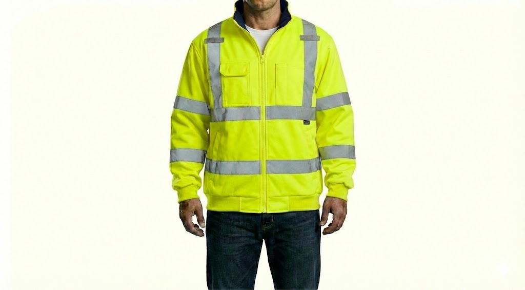 HD Style: Warnschutz-Arbeitsjacke – Neon Gelb mit deinem Logo – Front & Rücken Druck