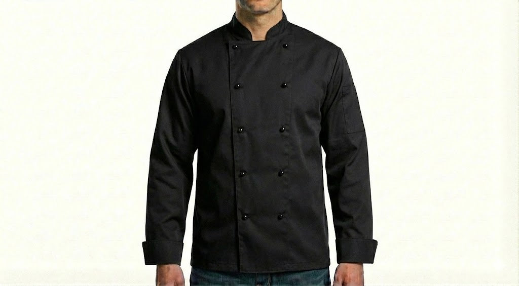 HD Style: Professionelle Kochjacke – Schwarz mit deinem Logo – Front & Rücken Druck