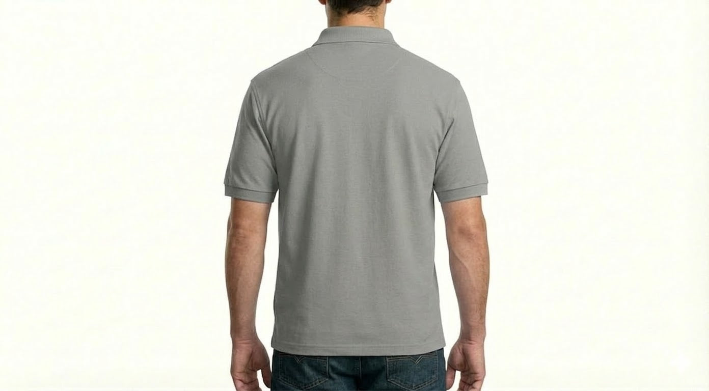 HD Style: Poloshirt – Grau mit deinem Logo – Front & Rücken Druck