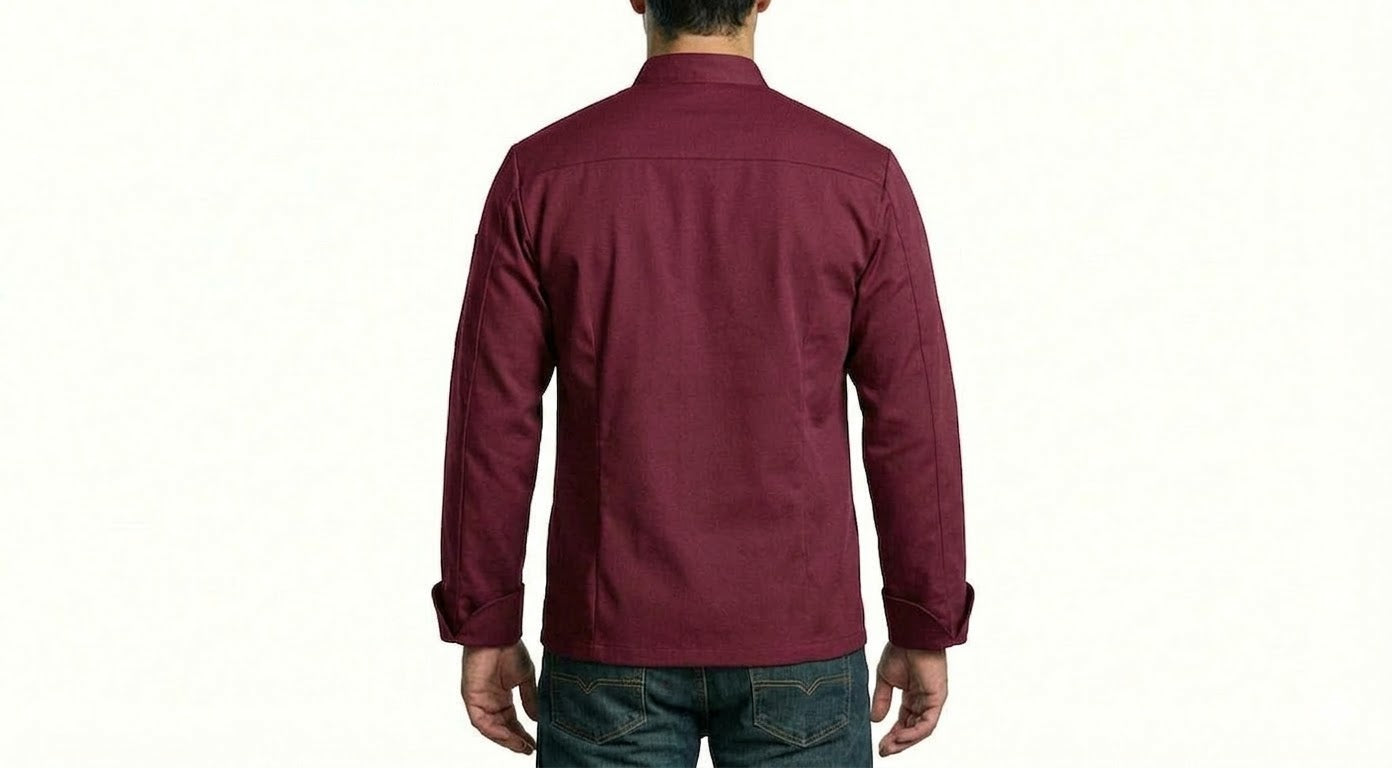 HD Style: Professionelle Kochjacke – Weinrot mit deinem Logo – Front & Rücken Druck