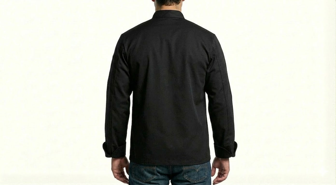 HD Style: Professionelle Kochjacke – Schwarz mit deinem Logo – Front & Rücken Druck